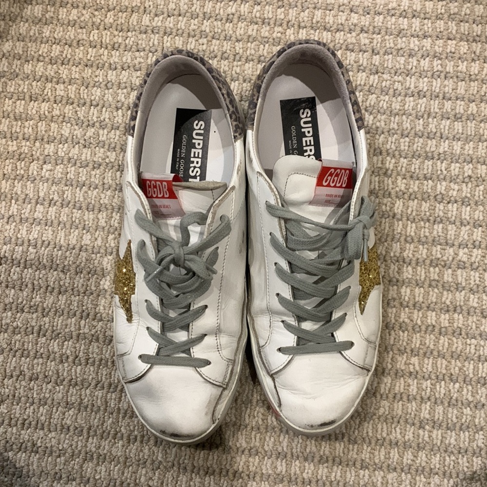 Golden Goose White Leather Sneakers with Gold Glitter Star and Leopard Heel - Picture 3 of 9